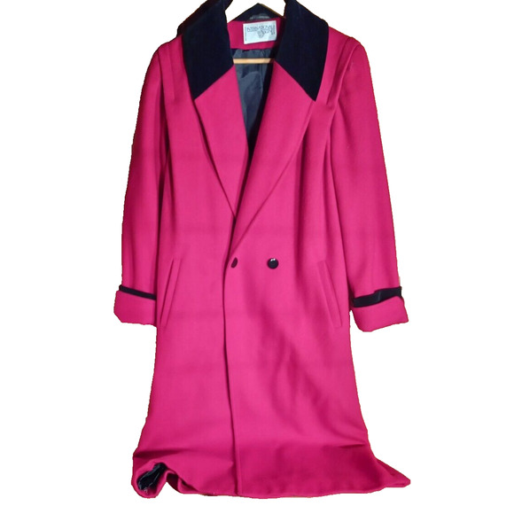 VTG INTERNATIONAL SCENE Women's 9/10 Wool Coat Full Length Red with Black Velvet - Picture 1 of 11